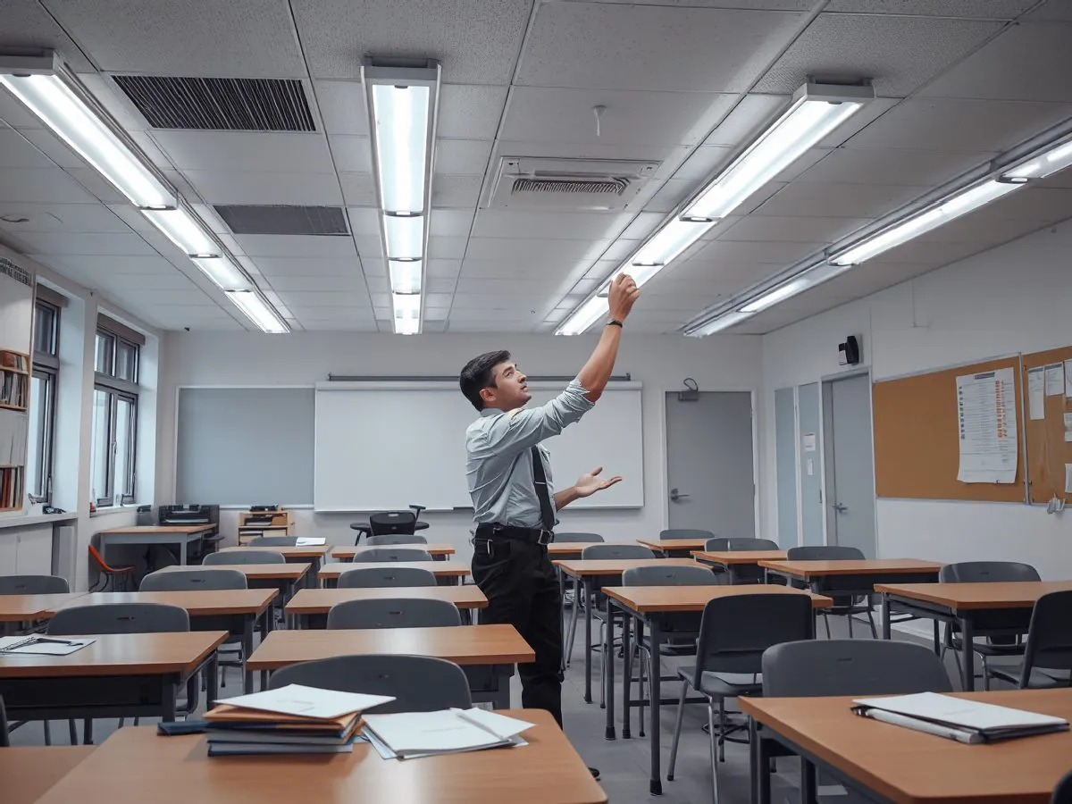 教室灯管维修后明亮整洁的场景，工人正在调试灯具